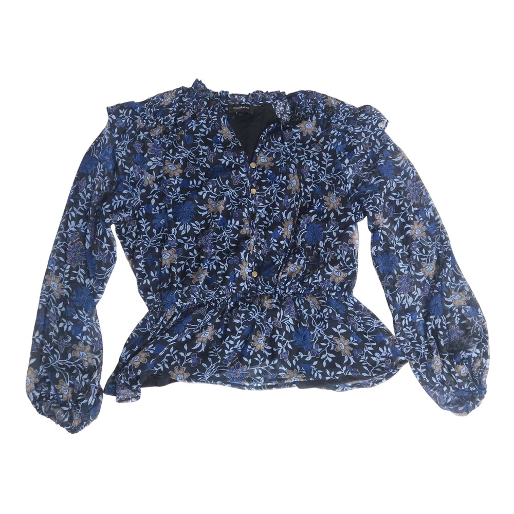 Calligraphie Blue Floral Ruffle Neck Peplum Blouse Long Sleeve Medium
